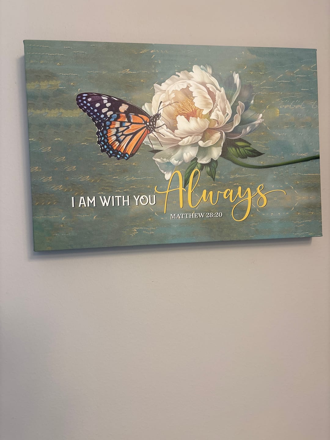 Customer photo review of I Am With You Always Matthew 28:20, Butterfly White Peony, Wall Art Canvas Print