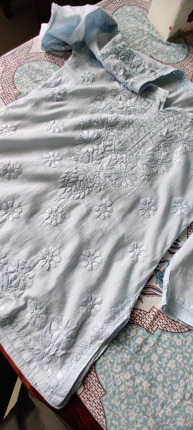 Customer photo review of Nazakat Ice Blue Cotton short kurta