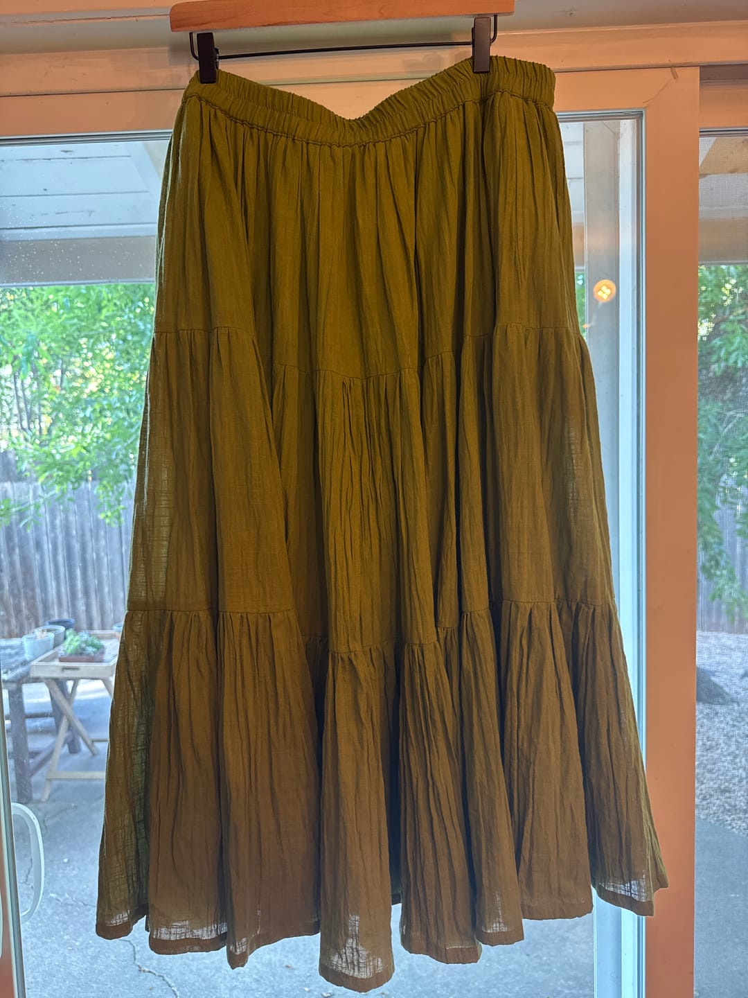 Customer photo review of Olive Green 100% Cotton Elasticated Maxi Tier Skirt
