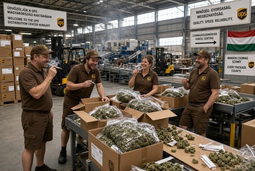 Customer's CALI MIX AAA+ bags of cannabis buds in a warehouse setting, with people handling and smoking the product.