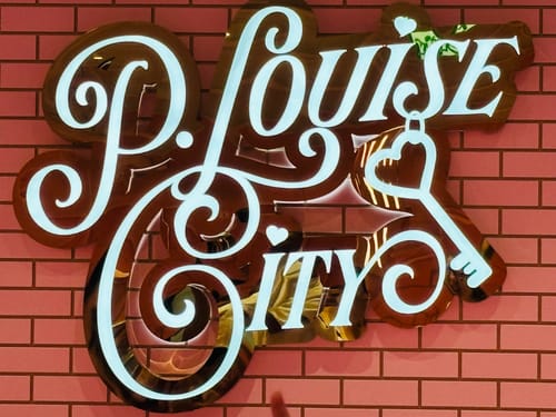 Customer's Empire Mystery neon P. Louise City sign mounted on a red brick wall.