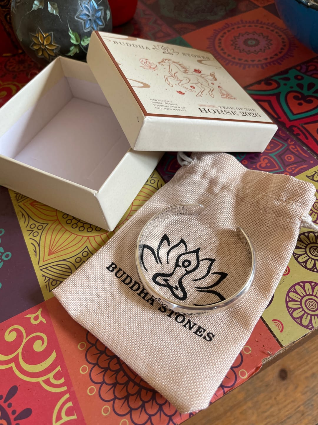 Customer photo review of Buddha Stones Lotus Flower Heart Sutra White Copper Healing Luck Bracelet