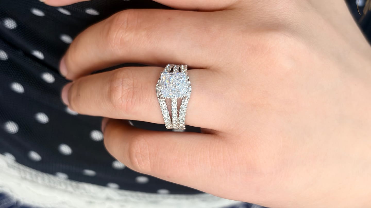 Customer photo review of S925 2.0Ct Princess Cut Insert 2PC Wedding Ring Set In Sterling Silver Engagement Ring with Enhancer Band