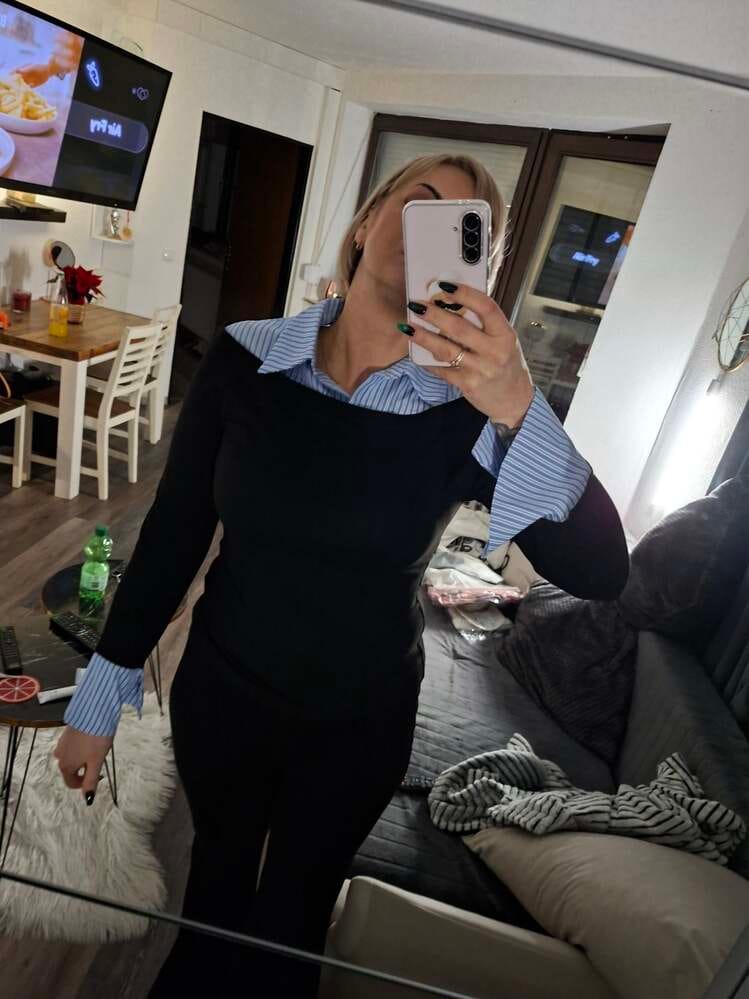 Customer photo review of Ninonine "Geneva" | Layered Two-Tone Polo Knit Top
