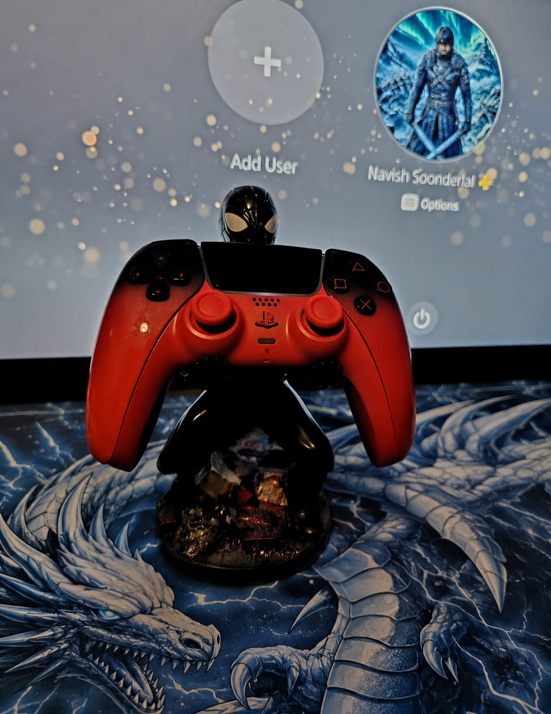 Customer photo review of PlayStation 5 (PS5) DualSense Wireless Controller - Techno Red + Cable Guy: Marvel - Symbiote Spider-Man