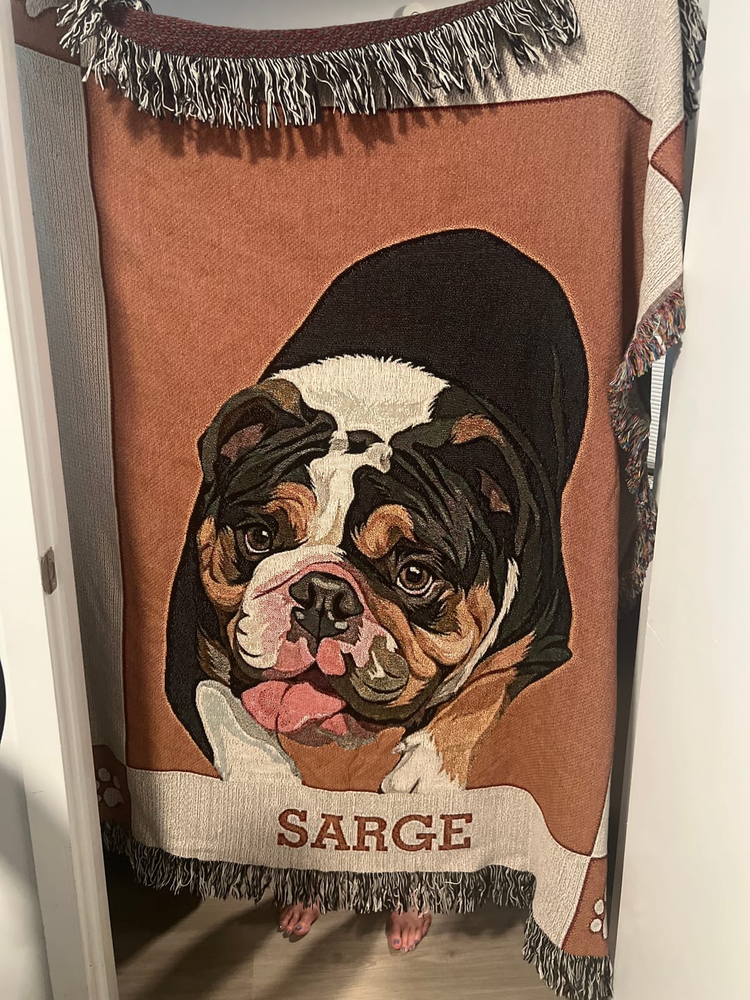 Customer photo review of Custom Pet Portrait Monogram Throw Blanket