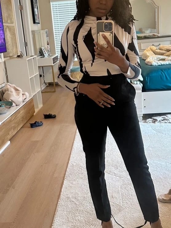 Customer photo review of Ninonine "Sloane" | Abstract Geometric Mock Neck Top