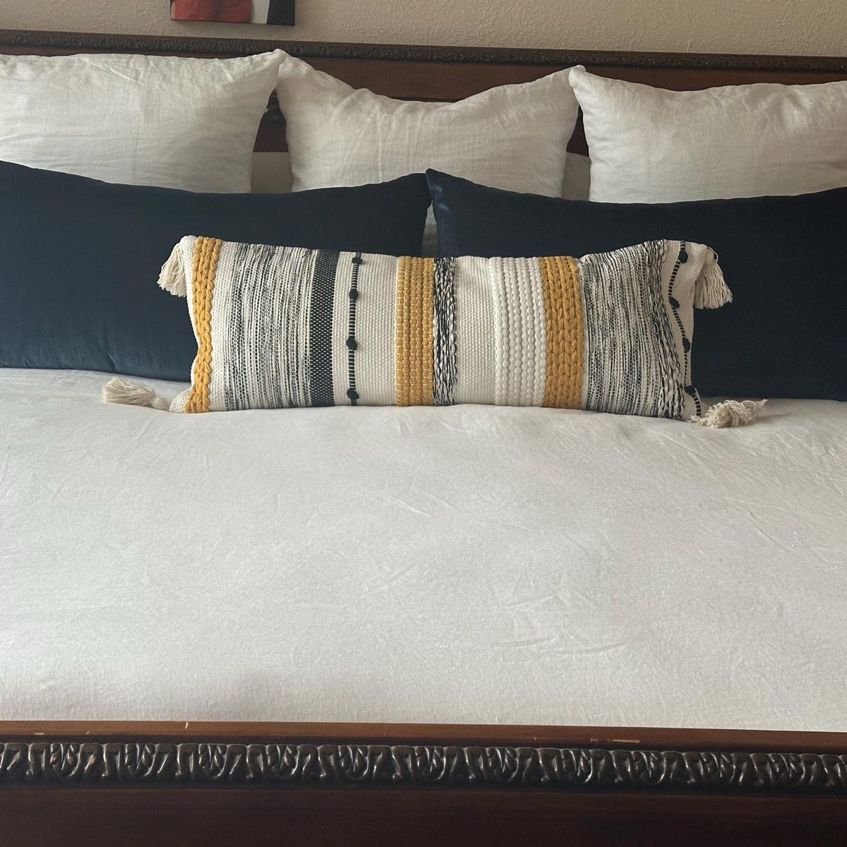 Customer photo review of Signature Handmade Yellow Mustard Woven Long Lumbar Pillow Cover 14x36