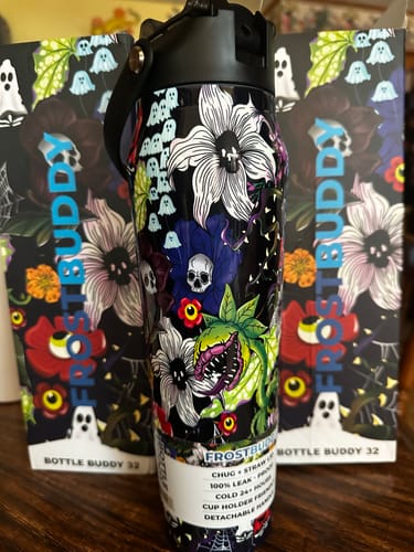 Customer's Bottle Buddy 32oz featuring a dark floral skull and ghost pattern, displayed with its matching product box.
