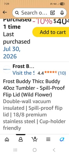 Customer's Frost Buddy Thicc Buddy 40oz Tumbler listing showing product details and price on a smartphone screen.