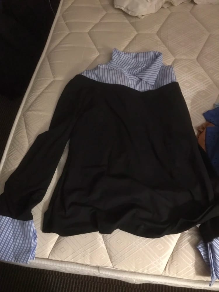 Customer photo review of Ninonine "Geneva" | Layered Two-Tone Polo Knit Top