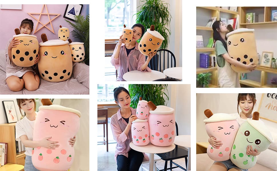 Customer photo review of Cute Kawaii Boba Tea Plush Toy – Soft Strawberry Milk Tea Stuffed Plushie & Huggable Throw Pillow Cushion