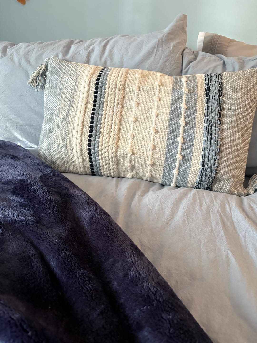 Customer photo review of Signature Handmade Coastal Blue Woven Lumbar Pillow Cover 12x20 14x24
