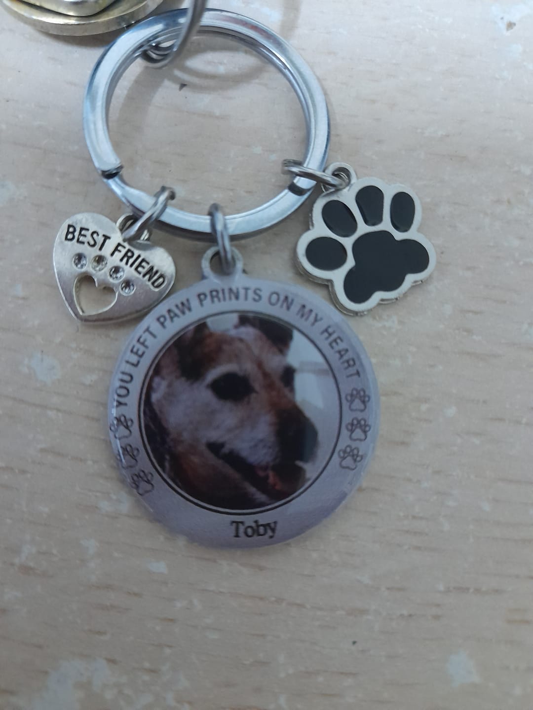 Customer photo review of Custom Personalized Photo Keychain Pet Charm Key Ornaments - Memorial Gift for Dog/Cat Lovers - You left paw prints on my heart