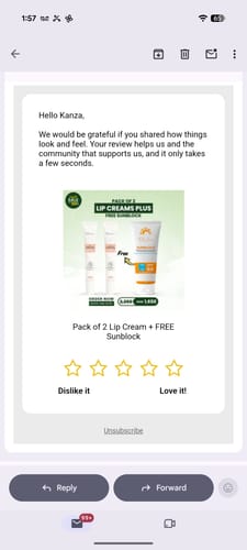 Customer's digital review prompt showing the Pack of 2 Lip Cream and FREE Sunblock product advertisement