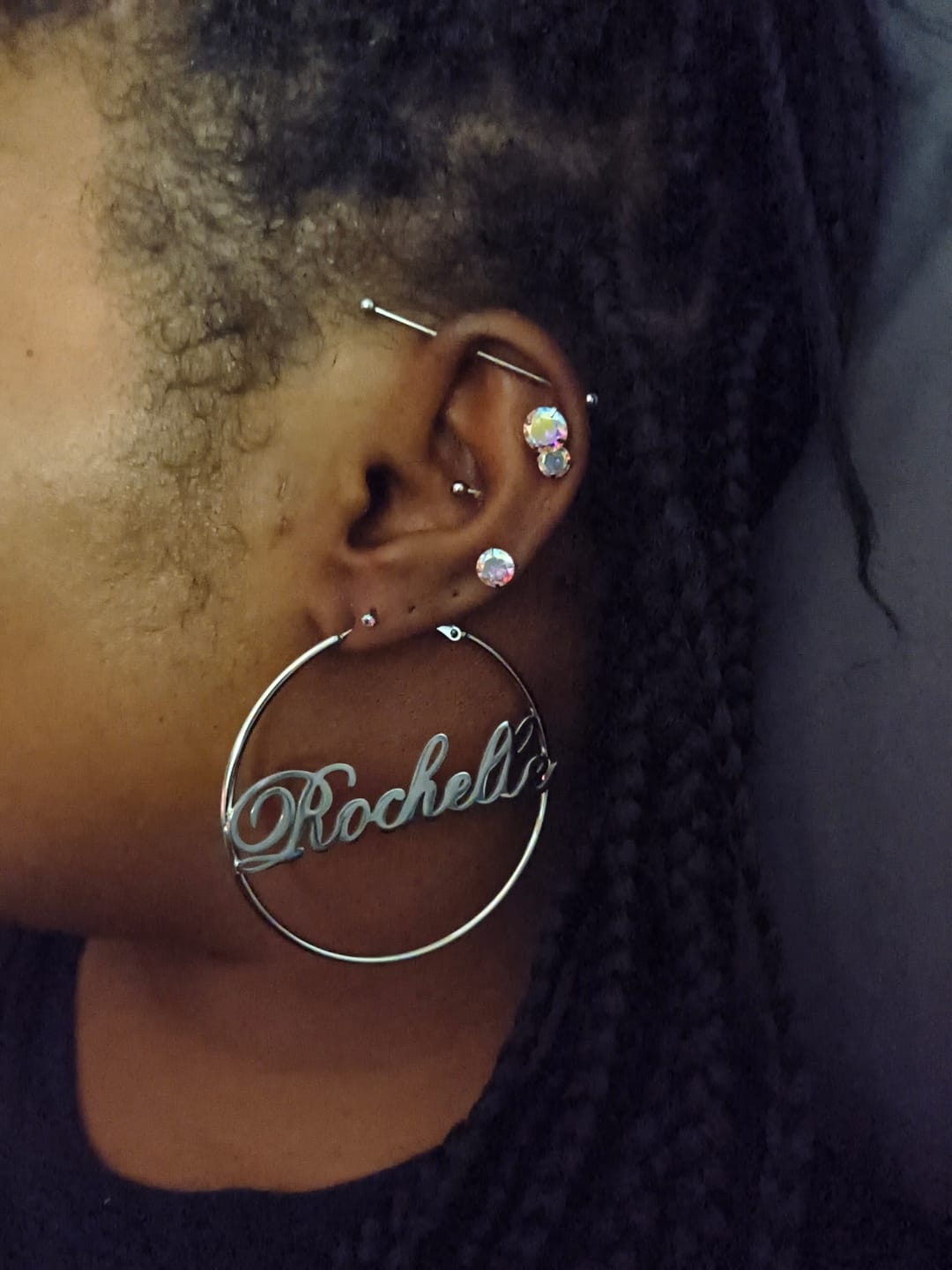 Customer photo review of Script Name Hoop Earrings