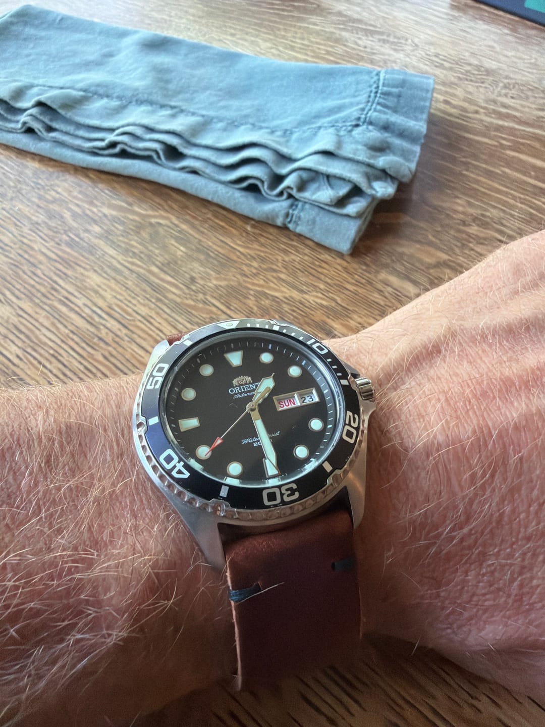 Customer photo review of Horween English Tan Dublin Leather Watch Strap, Black Thread