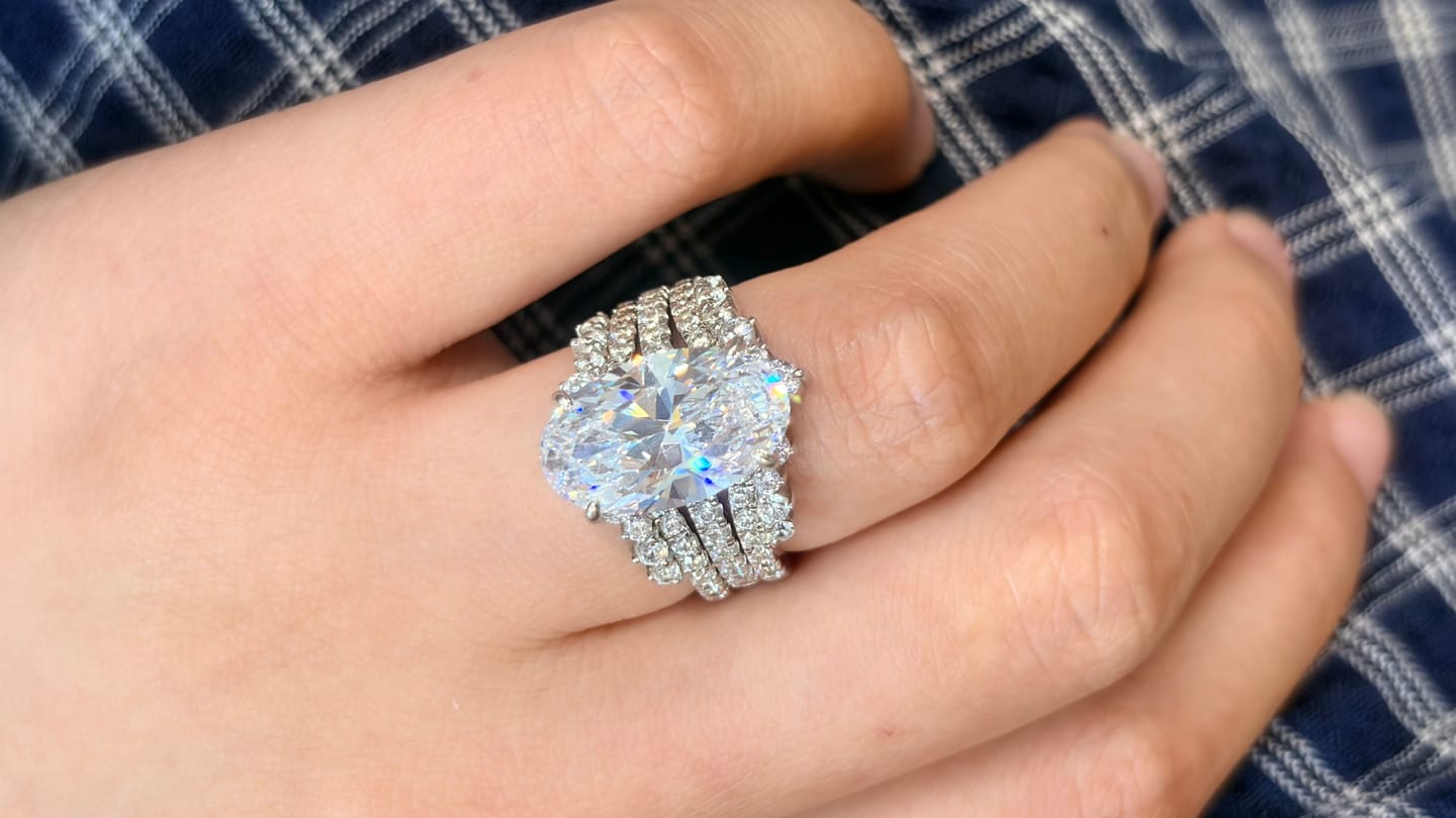 Customer photo review of S925 5.0Ct Oval Cut Vintage Wedding Ring Set With Enhancer Wedding Band In Sterling Silver