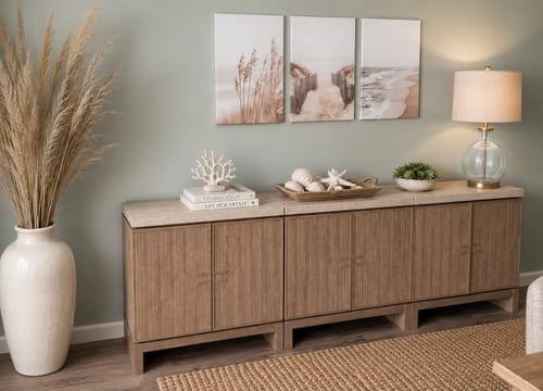 Customer photo review of Anton 32" Fluted Buffet Cabinets with Travertine Top (Set of 3)