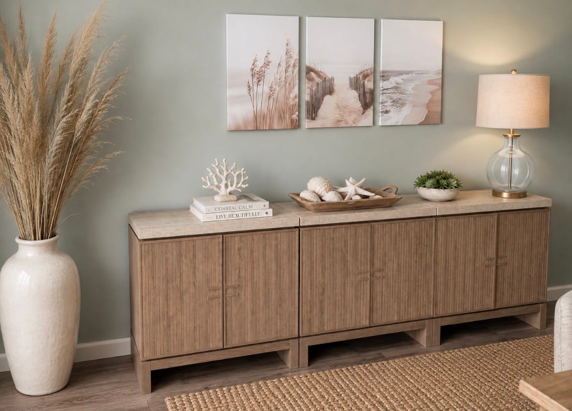 Customer photo review of Anton 32" Fluted Buffet Cabinets with Travertine Top (Set of 3)