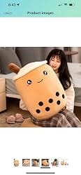 Customer photo review of Cute Kawaii Boba Tea Plush Toy – Soft Strawberry Milk Tea Stuffed Plushie & Huggable Throw Pillow Cushion