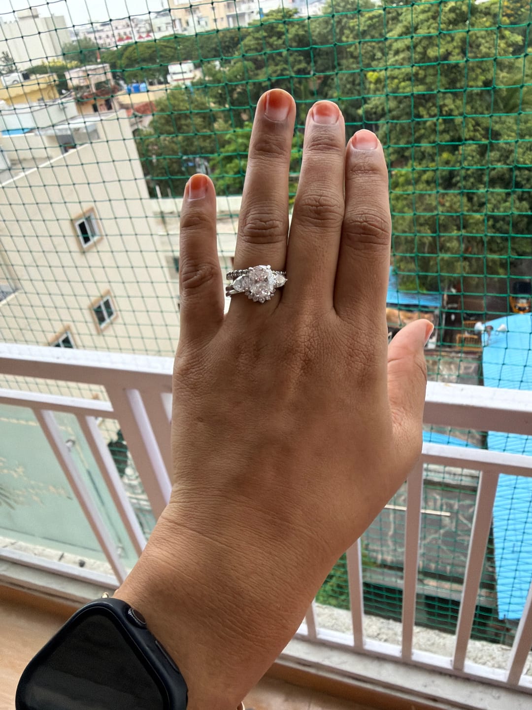 Customer photo review of 5Ct Cushion 3-Stone Solitaire Silver Ring