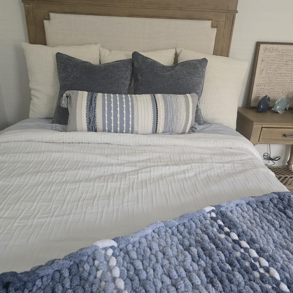 Customer photo review of Signature Handmade Coastal Blue Woven Long Lumbar Pillow Cover 14x36
