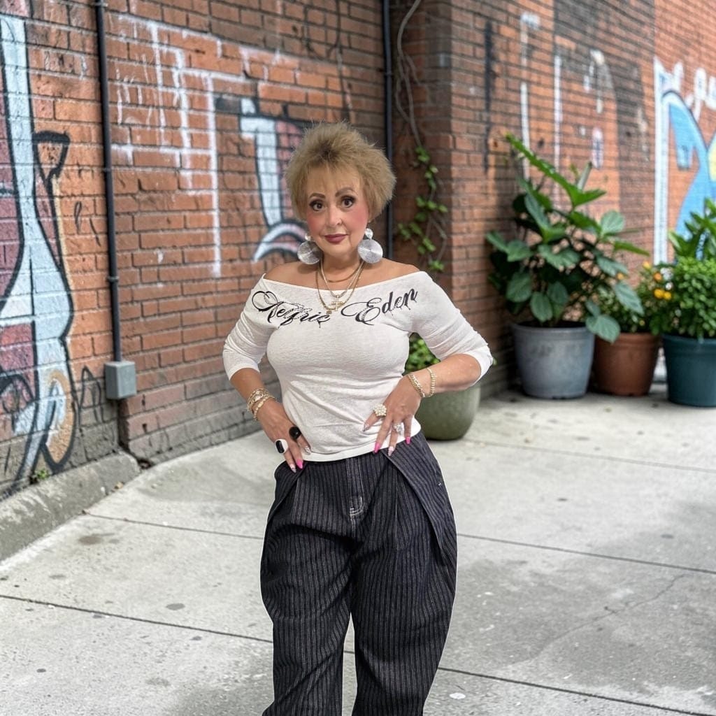 Customer photo review of Aelfric Eden Off-The-Shoulder Script Long Sleeve Tee