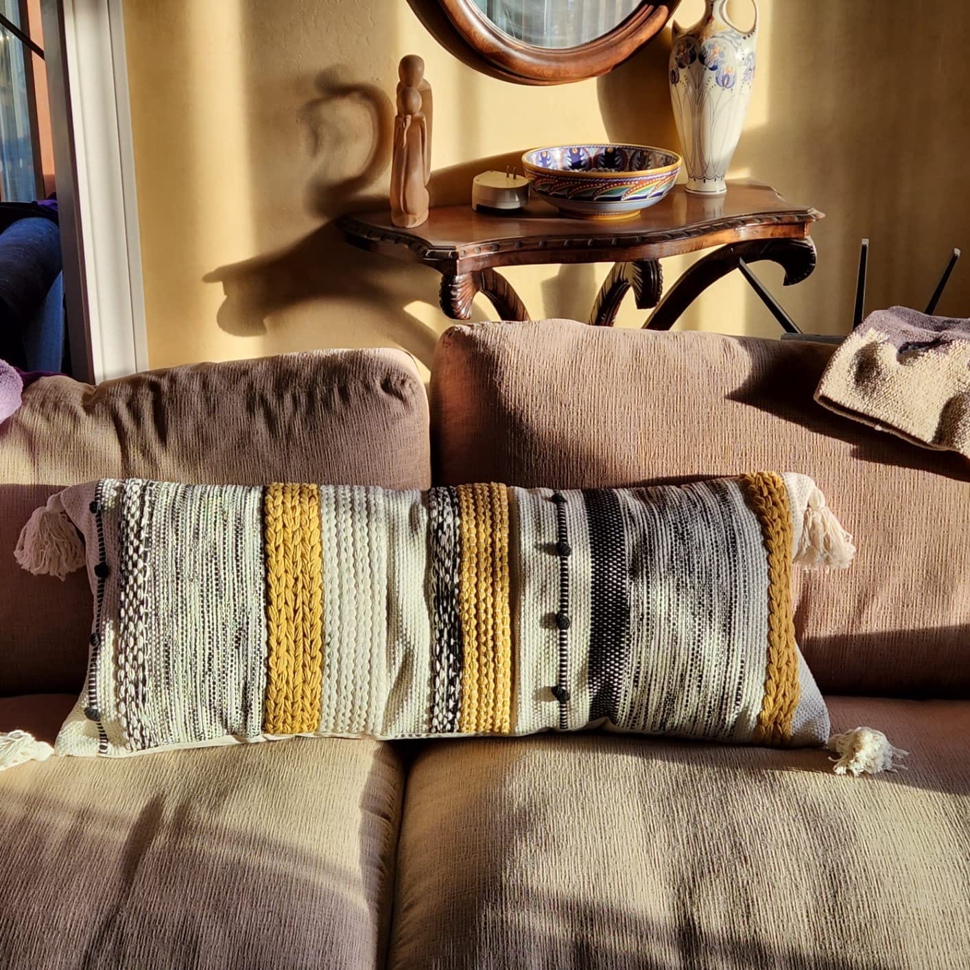 Customer photo review of Signature Handmade Yellow Mustard Woven Long Lumbar Pillow Cover 14x36