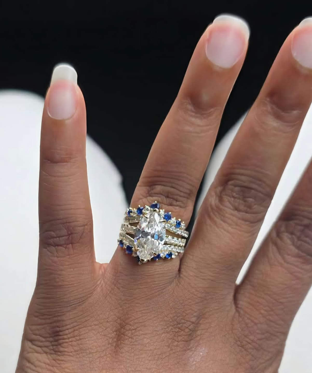Customer photo review of S925 2PC 3.5Ct Marquise Cut Enhancer Wedding SetsHalf Enternity Yellow Gold Engagement Ring with Blue & White Stone Enhancer Wedding Band