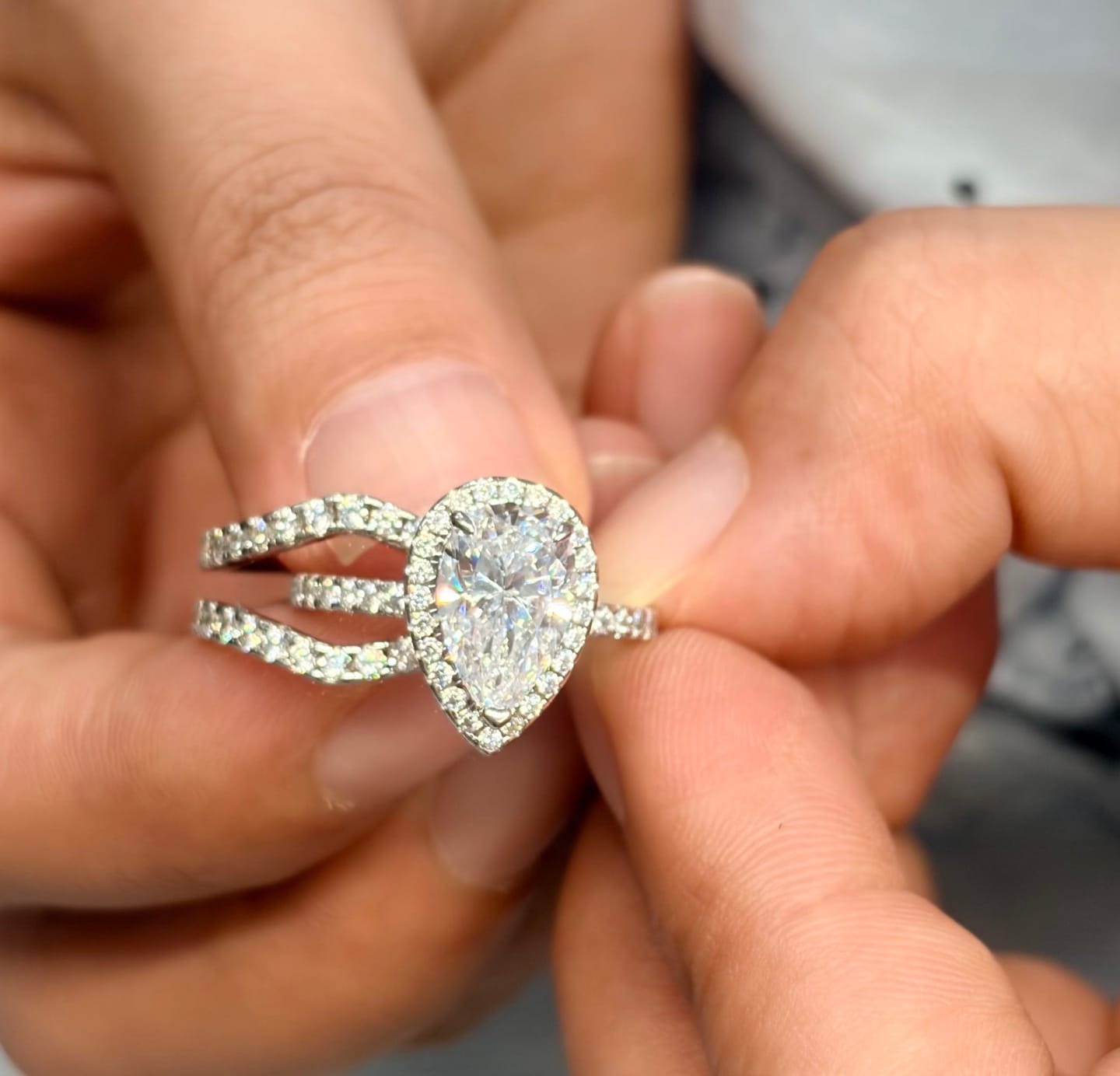 Customer photo review of 2.2Ct Halo Pear Cut Insert Wedding Ring Set With Engagement Ring Enhancer