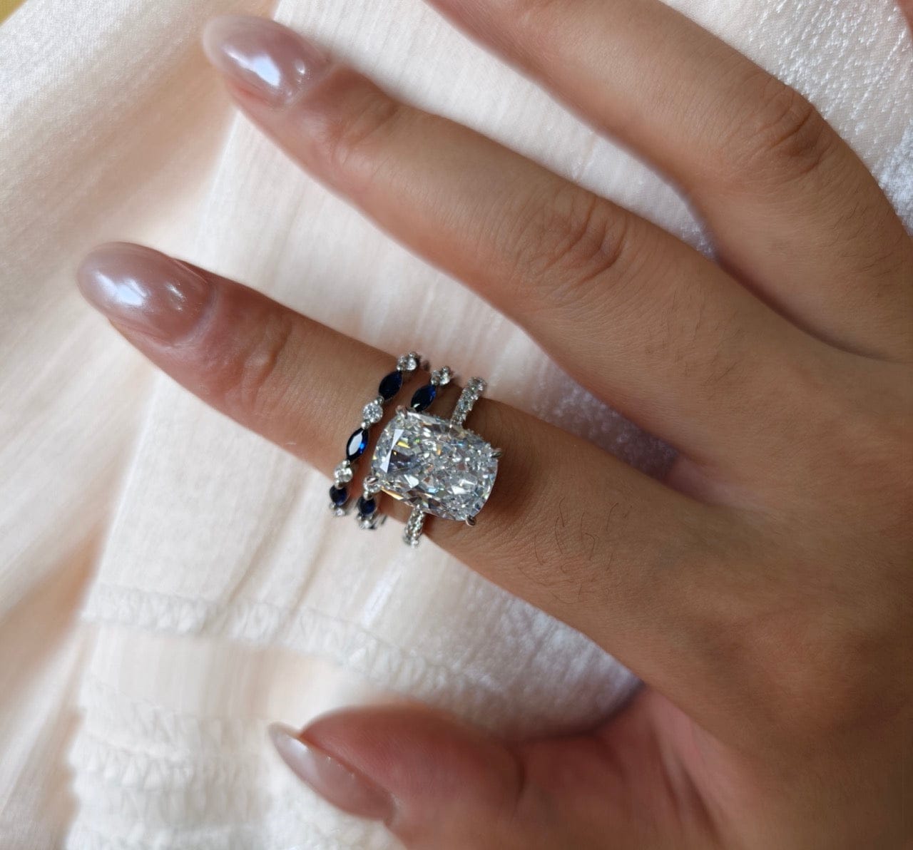 Customer photo review of S925 6.5Ct Cushion Cut Insert Wedding Ring Set With Unique White & Blue/Red Stone Engagement Ring Enhancer