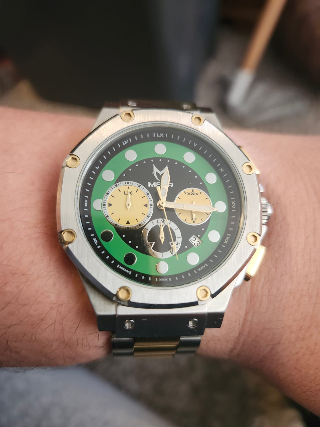 Customer photo review of AM1055LB - AMBASSADOR SILVER / DOOM GREEN LEATHER BAND WATCH