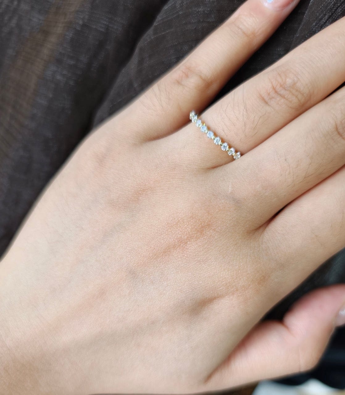 Customer photo review of Louily Classic Round Cut Full Eternity Wedding Band In Sterling Silver