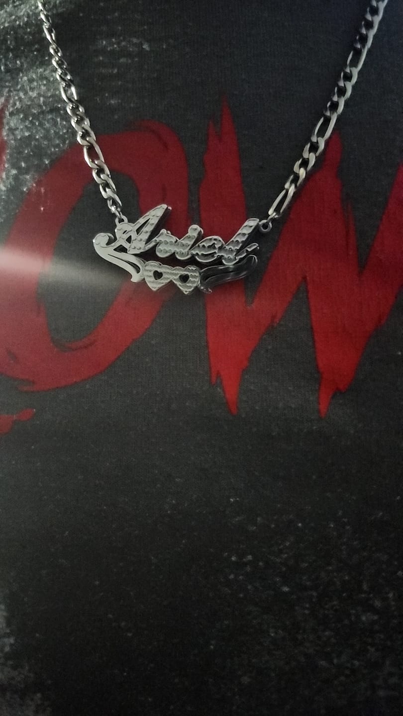 Customer photo review of Double Plated Hearts Name Necklace w/ Figaro Chain