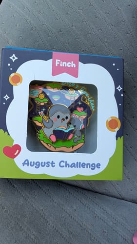 Customer's Birb's Eye View Pin inside its August Challenge packaging box.