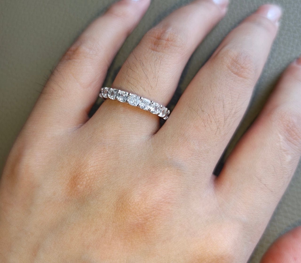 Customer photo review of S925 2.5 Carat Cushion Cut Women's Wedding Band In Sterling Silver Stackable Ring