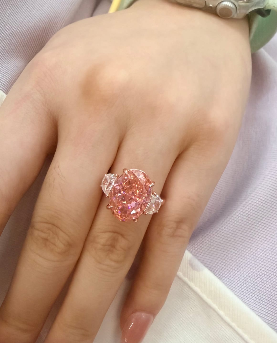 Customer photo review of 5.5Ct Pink Oval Cut Three Stone Engagement Ring Travel Ring In Sterling Silver