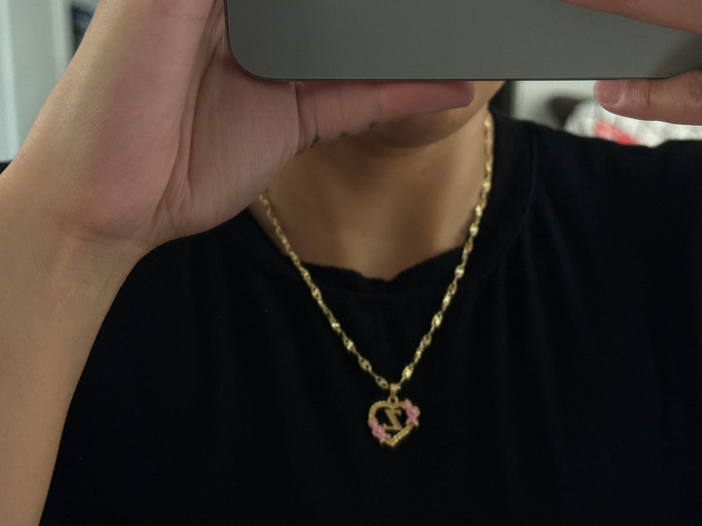Customer photo review of Flower Initial Necklace w/ Clip Chain