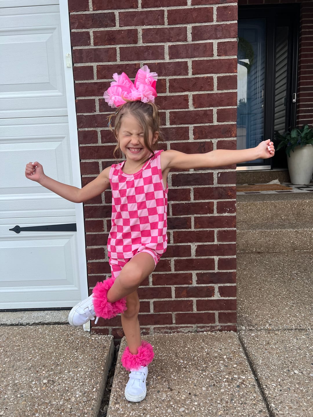 Customer photo review of Tank + Biker Two Piece Set in Bubble Gum Checkered