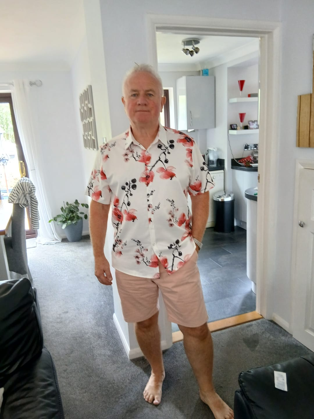 Customer photo review of Men's Casual Pink Floral Print Summer Button Up Flower Short Sleeve Cherry Blossom Shirt