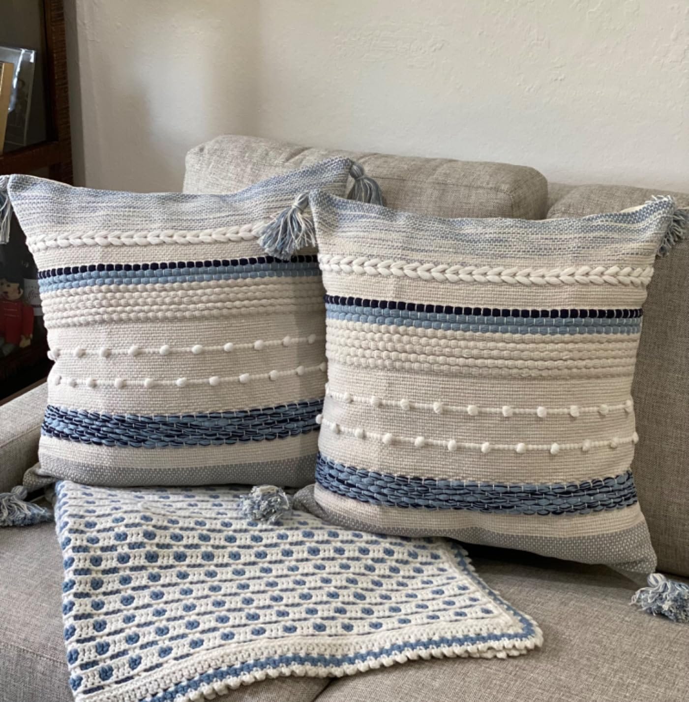 Customer photo review of Signature Handmade Coastal Blue Woven Square Pillow Cover 18x18 20x20 22x22