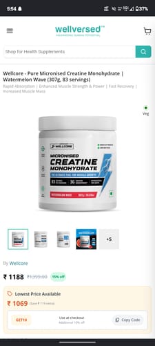 Customer's mobile screen displaying the Wellcore Creatine Monohydrate product page.