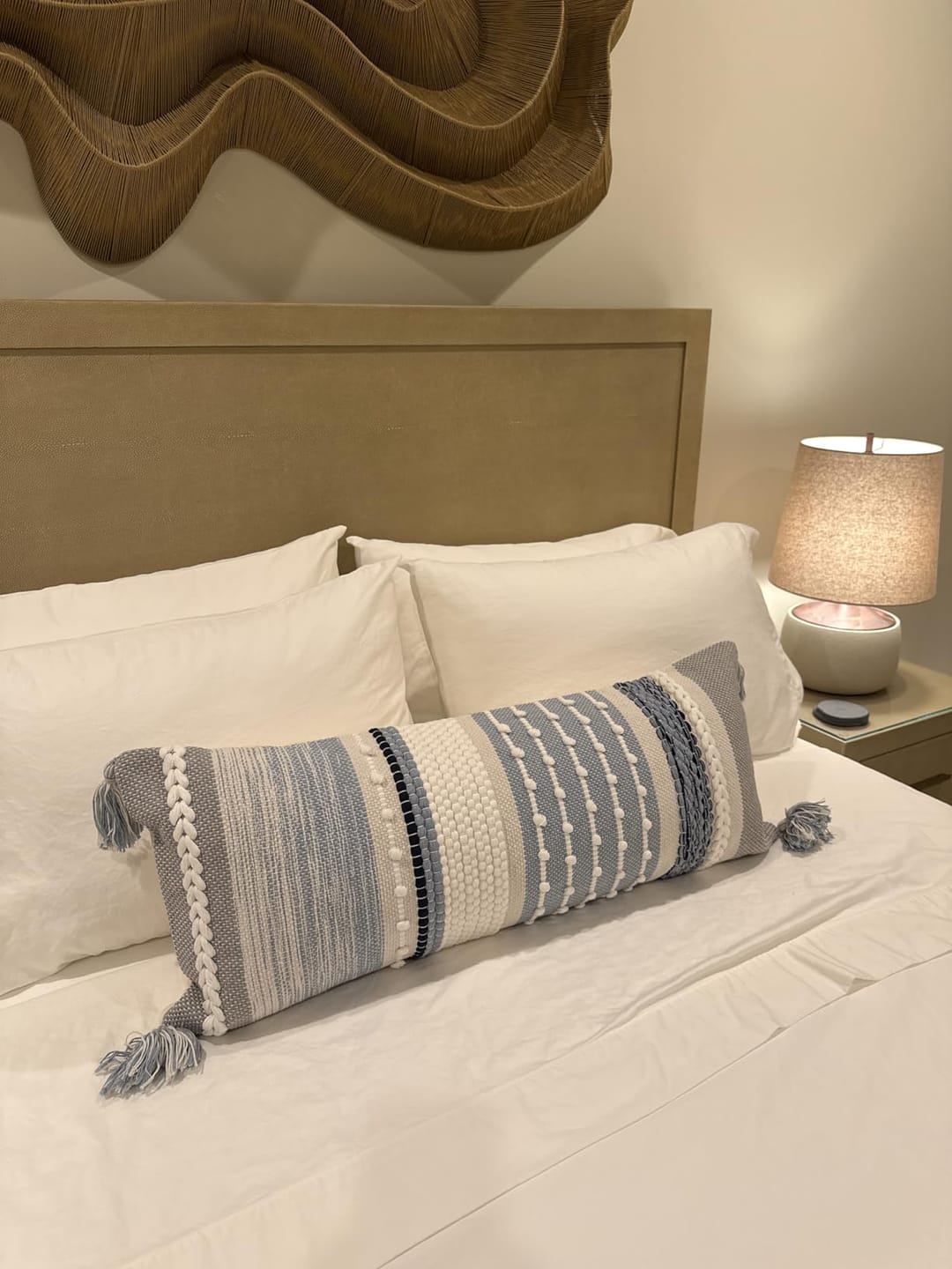 Customer photo review of Signature Handmade Coastal Blue Woven Long Lumbar Pillow Cover 14x36