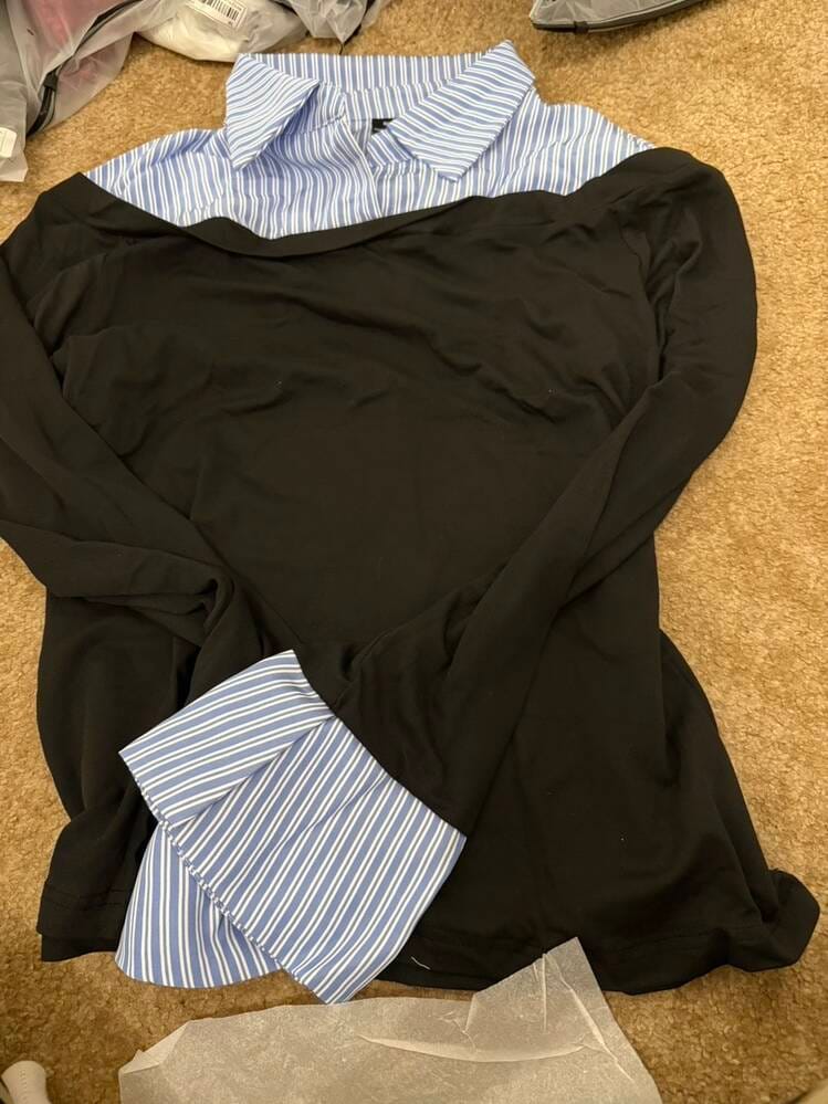 Customer photo review of Ninonine "Geneva" | Layered Two-Tone Polo Knit Top