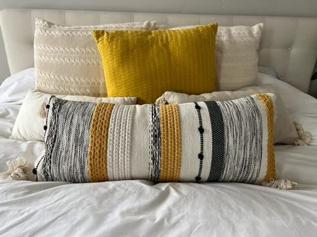 Customer photo review of Signature Handmade Yellow Mustard Woven Long Lumbar Pillow Cover 14x36
