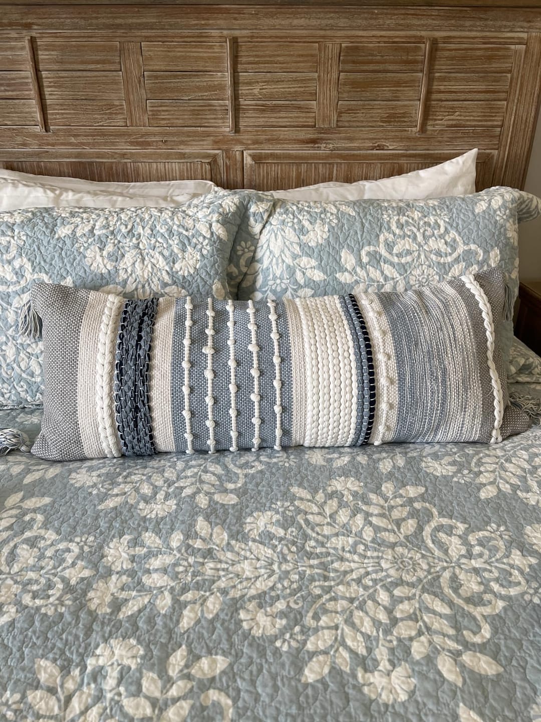 Customer photo review of Signature Handmade Coastal Blue Woven Long Lumbar Pillow Cover 14x36