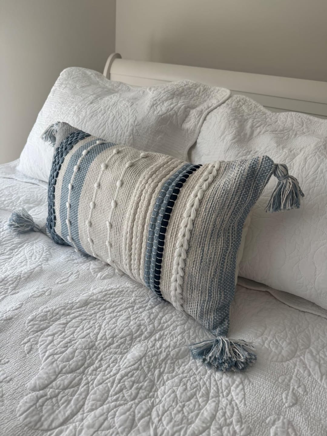 Customer photo review of Signature Handmade Coastal Blue Woven Lumbar Pillow Cover 12x20 14x24