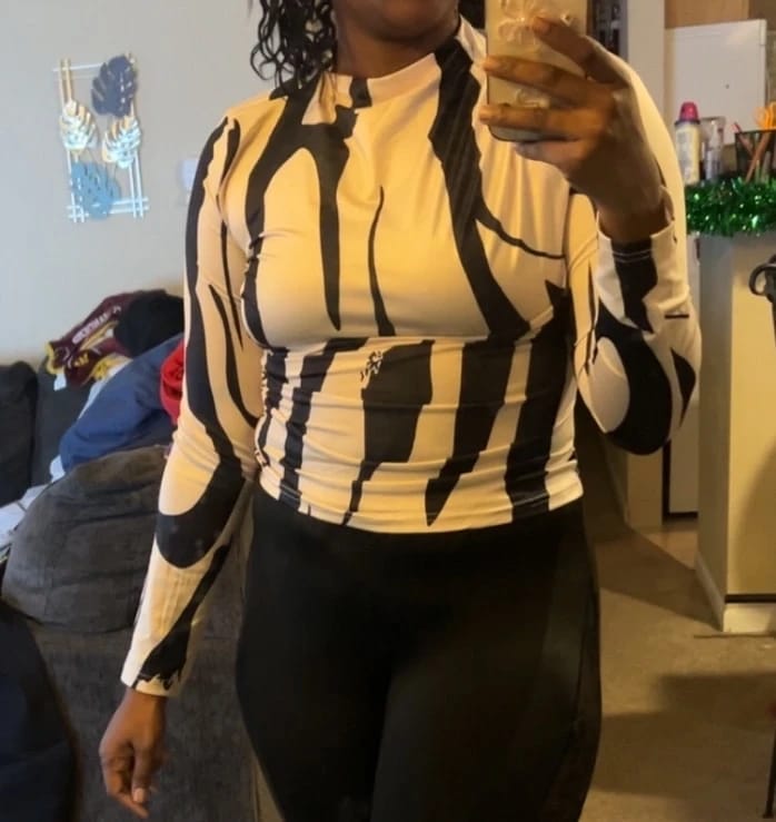 Customer photo review of Ninonine "Sloane" | Abstract Geometric Mock Neck Top