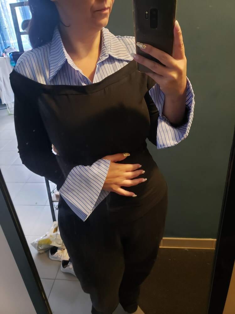 Customer photo review of Ninonine "Geneva" | Layered Two-Tone Polo Knit Top